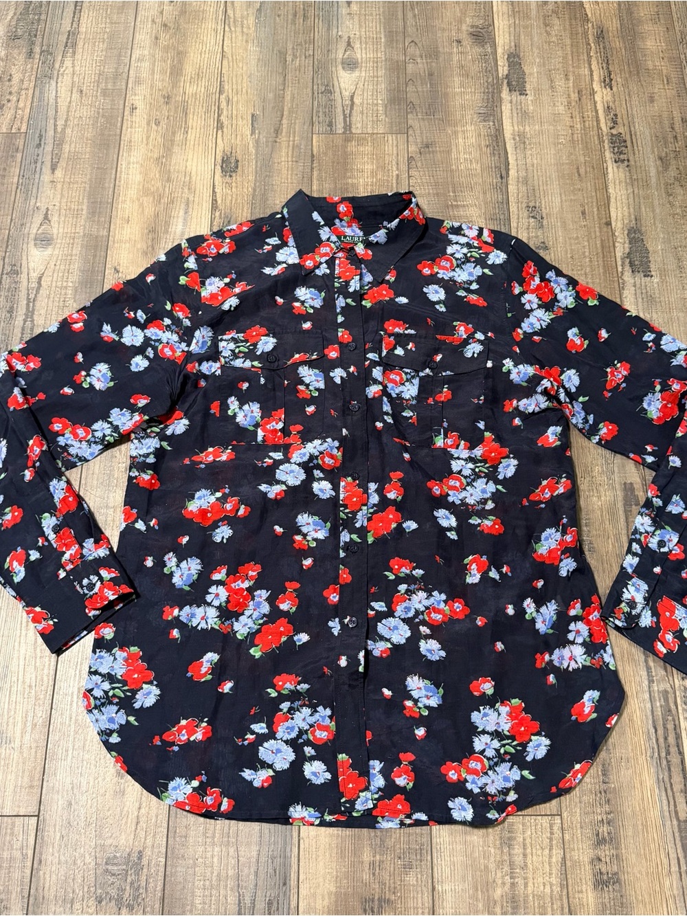 Lauren Ralph Lauren Shirt Womens L Silk Cotton Navy Floral Long Sleeve Button